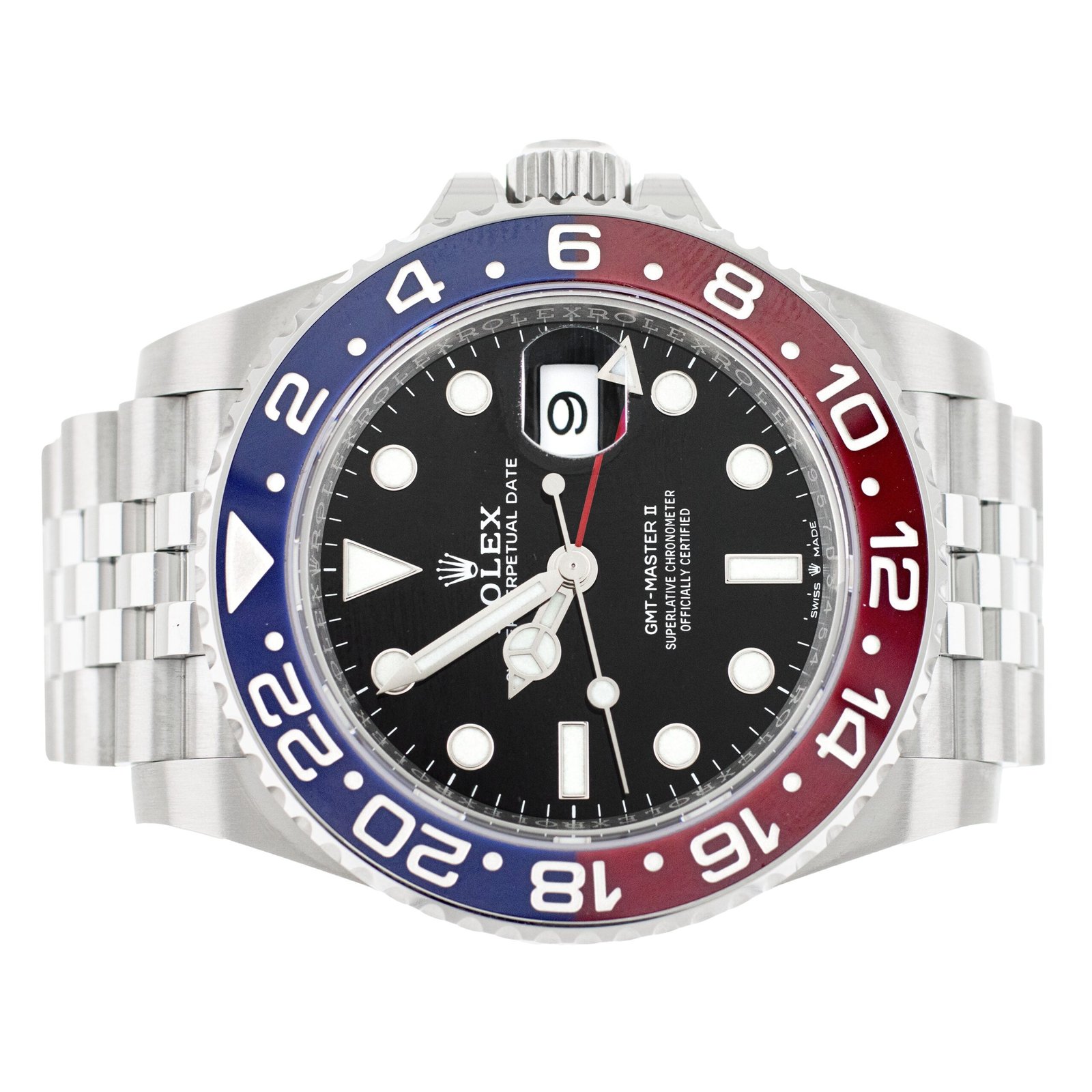 ROLEX GMT MASTER II PEPSI STAINLESS STEEL BLACK DIAL JUBILEE 125710BLRO FULL SET