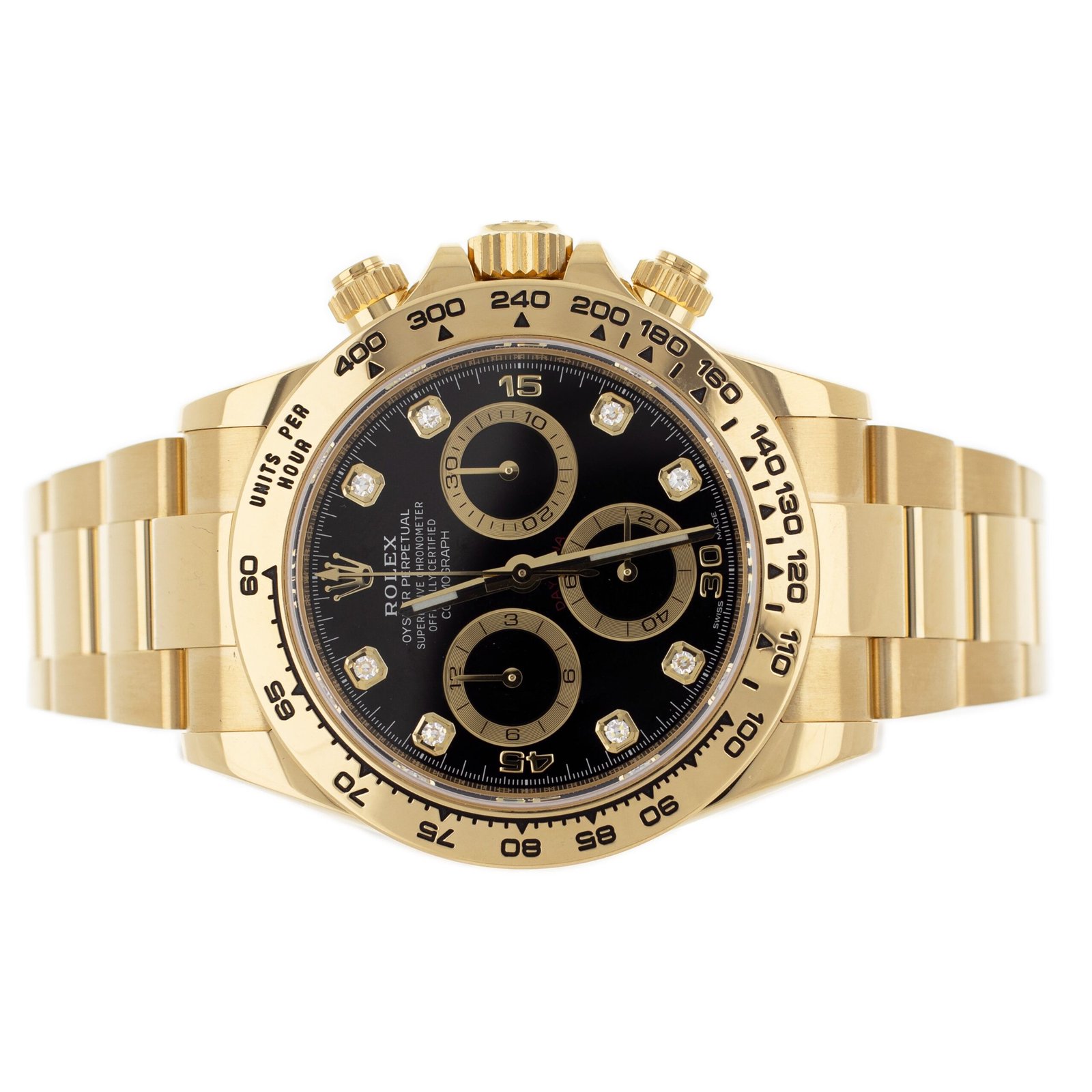 ROLEX DAYTONA 18K YELLOW GOLD BLACK DIAL DIAMOND MARKERS 40MM 116508 FULL SET